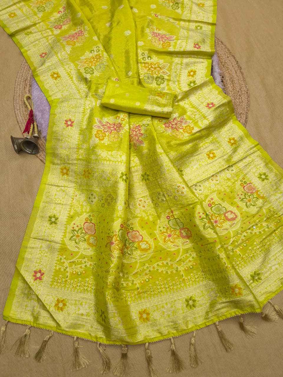 ORGANZA TISSUE SILK MEENAKARI WEAVING FLORAL SAREE