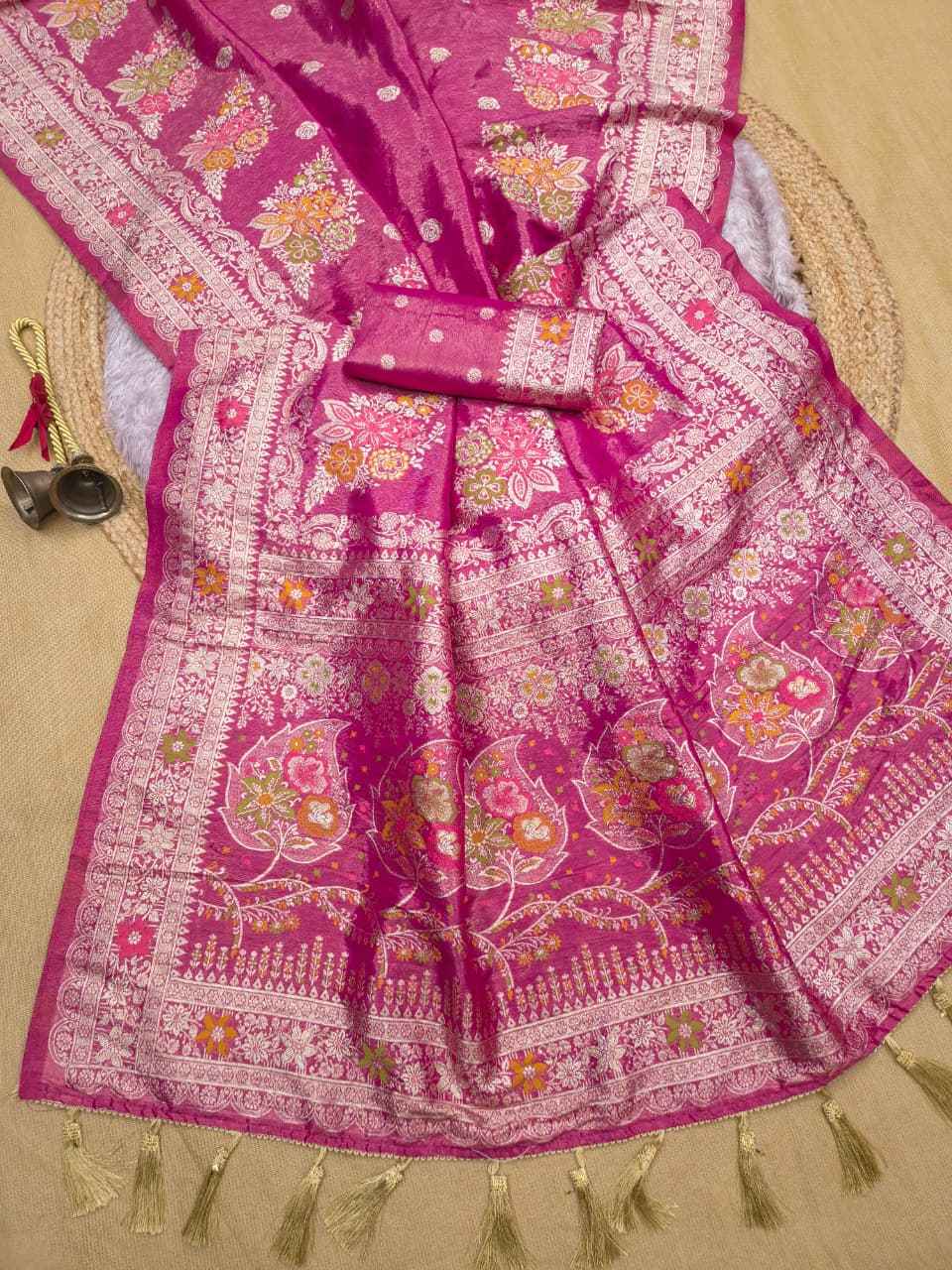 ORGANZA TISSUE SILK MEENAKARI WEAVING FLORAL SAREE