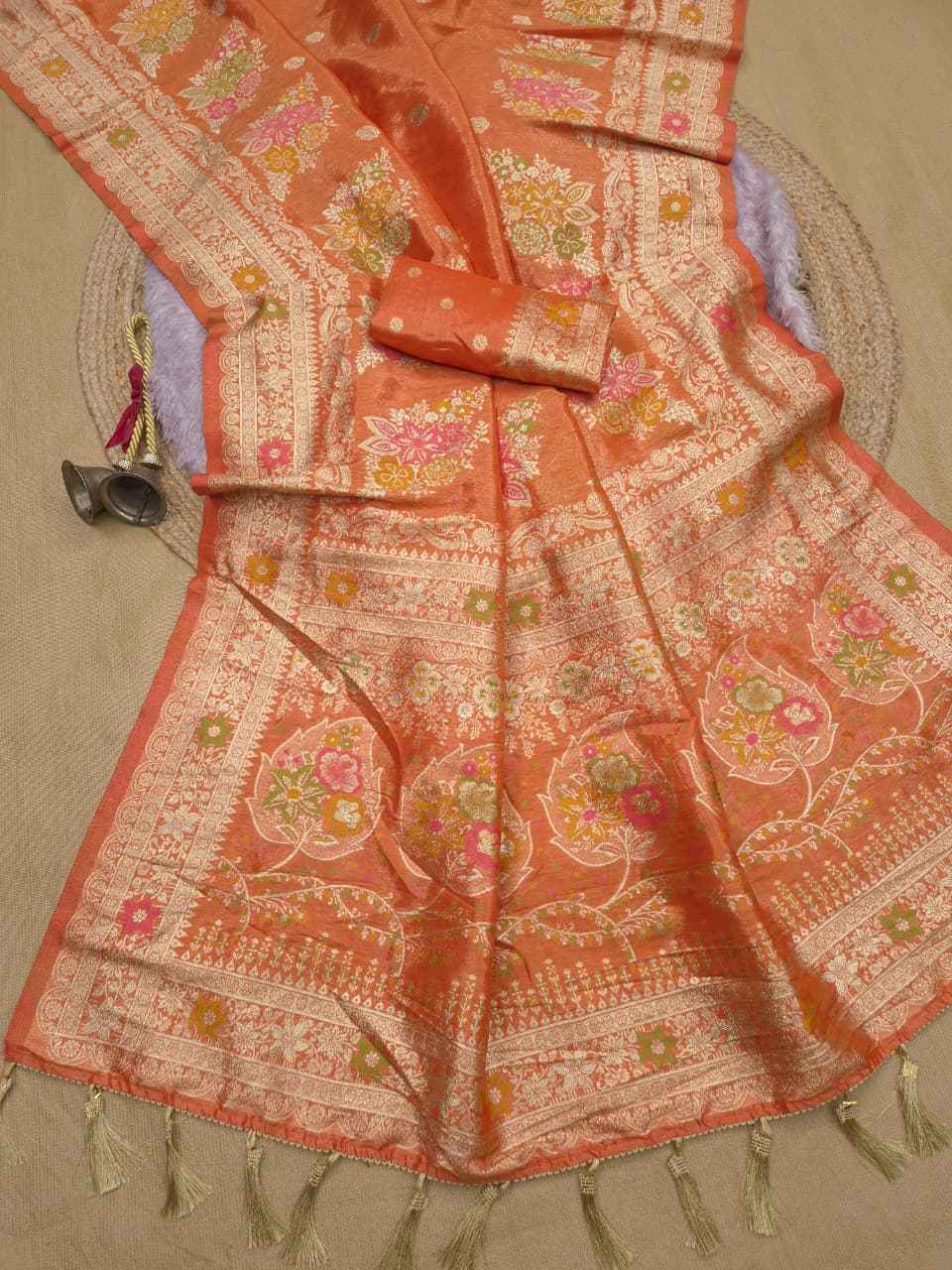 ORGANZA TISSUE SILK MEENAKARI WEAVING FLORAL SAREE