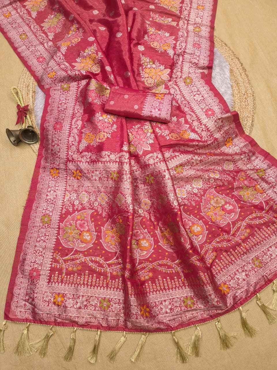 ORGANZA TISSUE SILK MEENAKARI WEAVING FLORAL SAREE