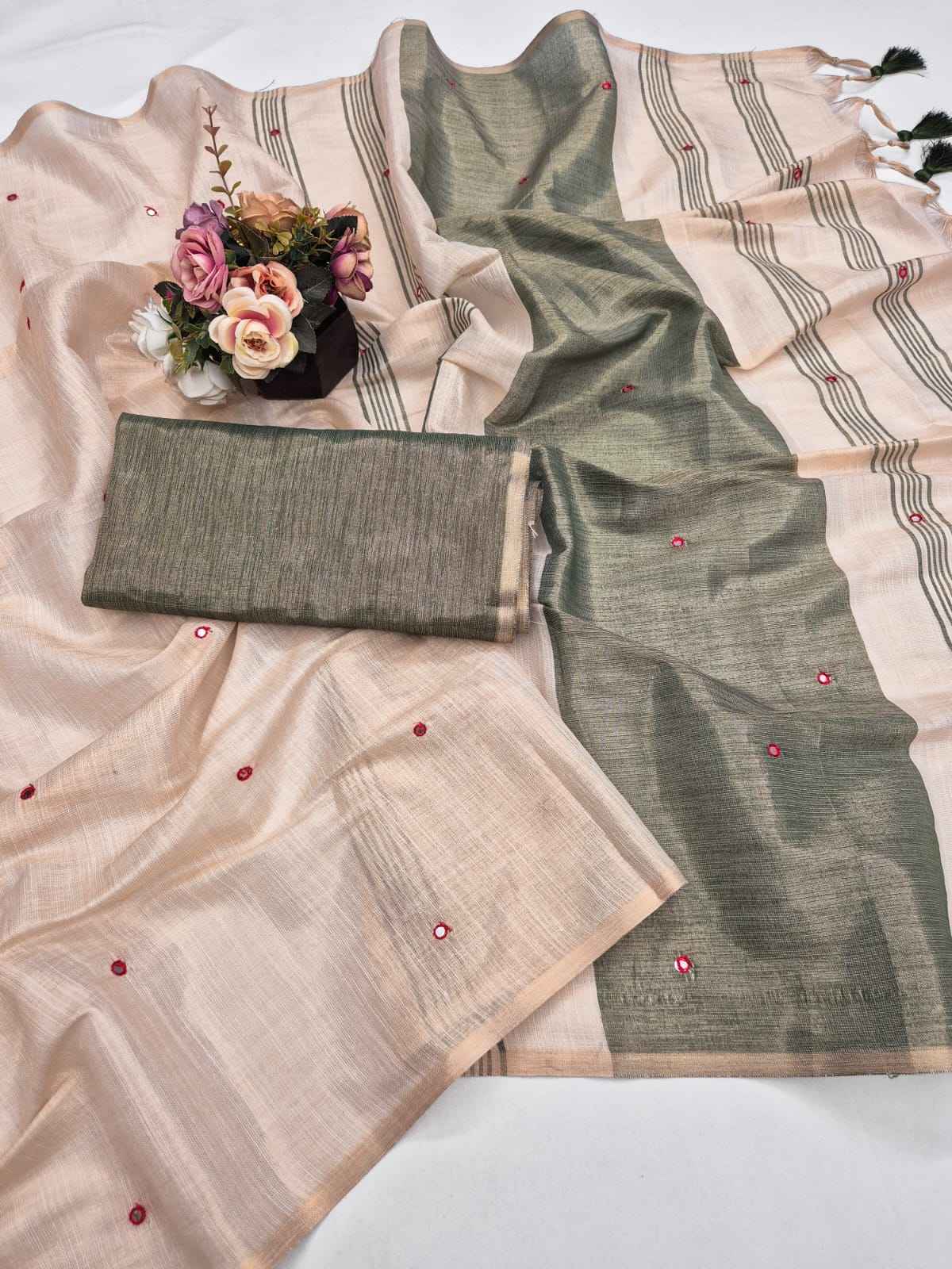 PURE SOFT MYSORE LINEN MIRROR WORK SAREE 