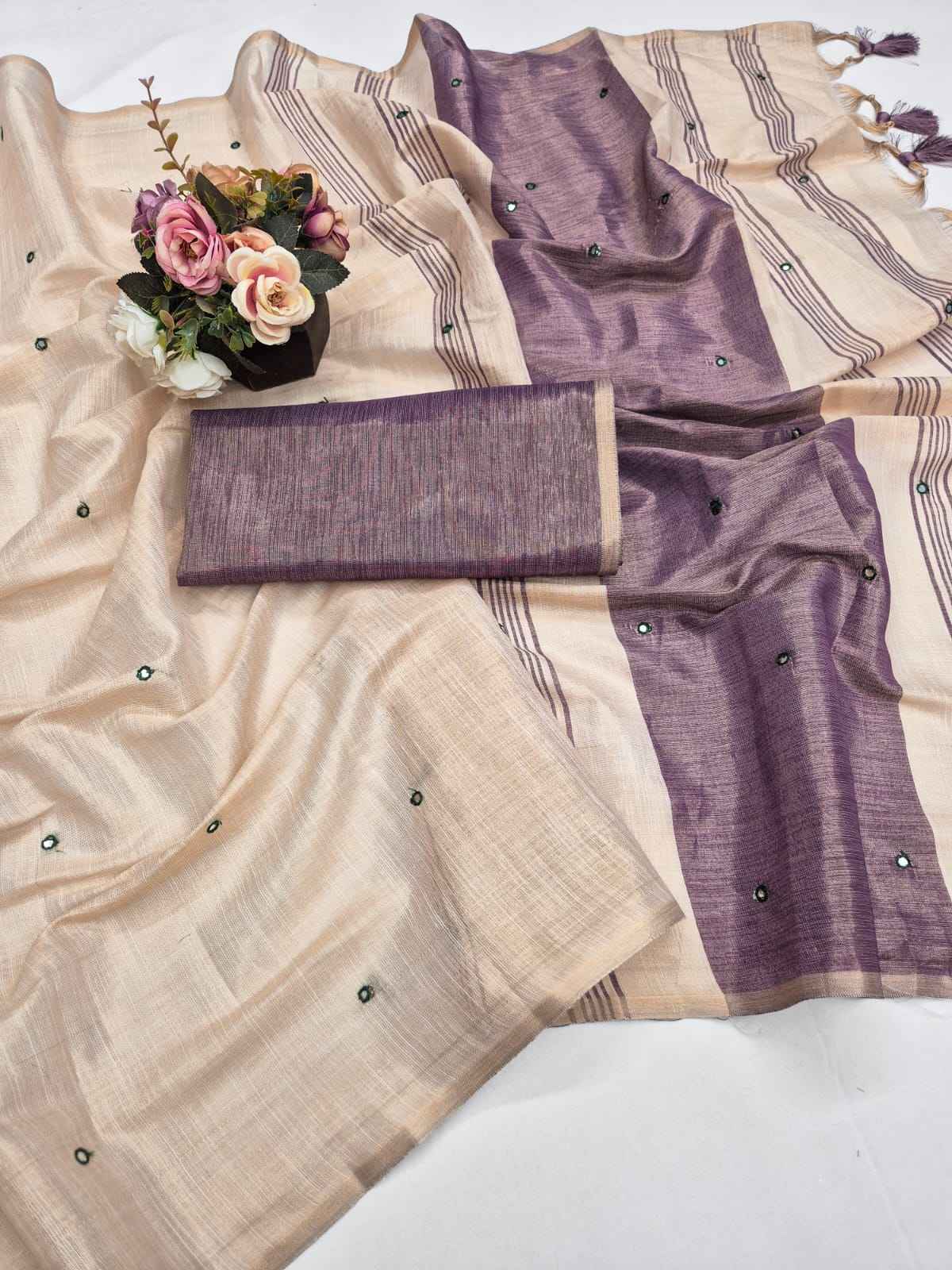 PURE SOFT MYSORE LINEN MIRROR WORK SAREE 