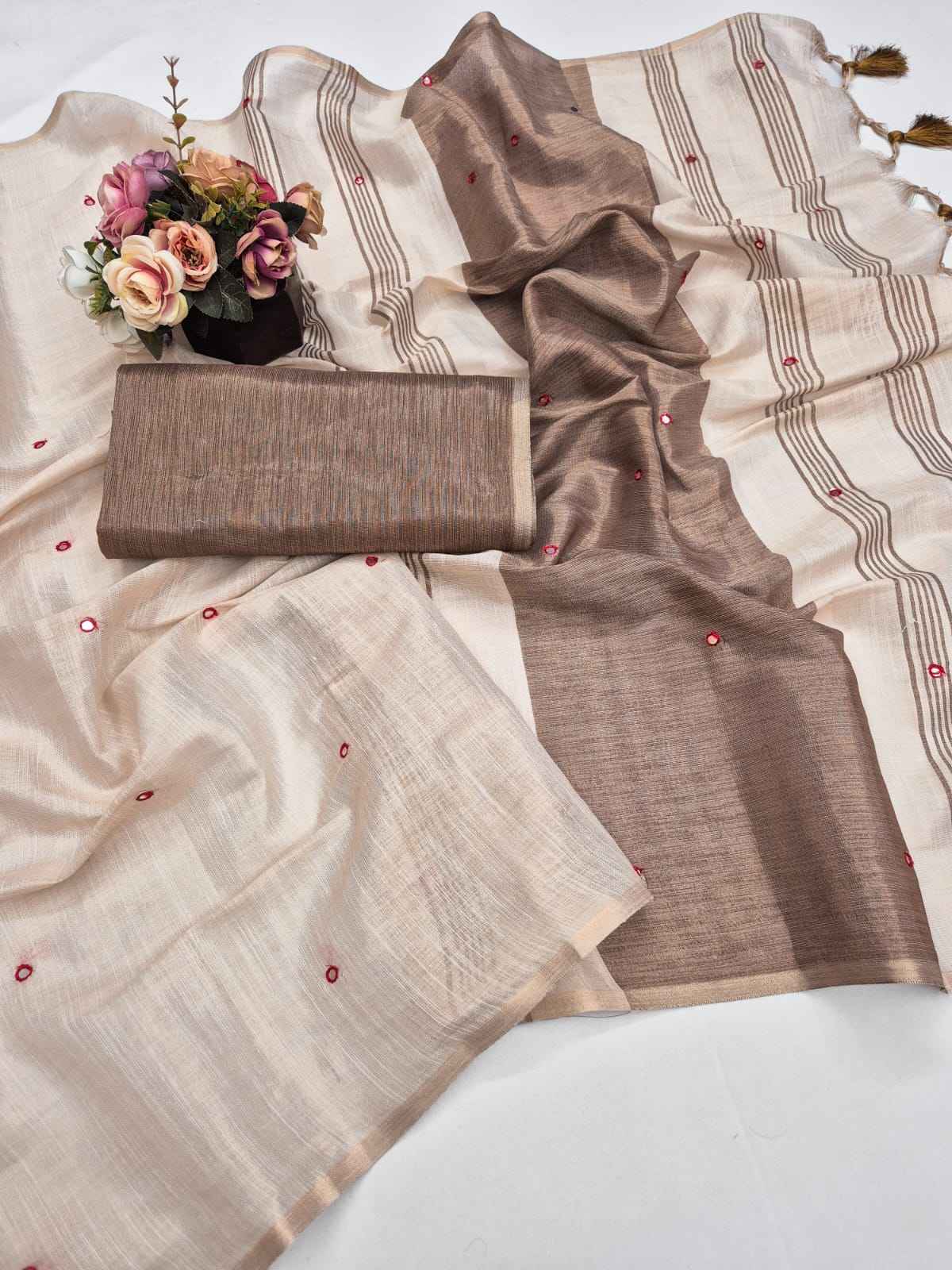 PURE SOFT MYSORE LINEN MIRROR WORK SAREE 