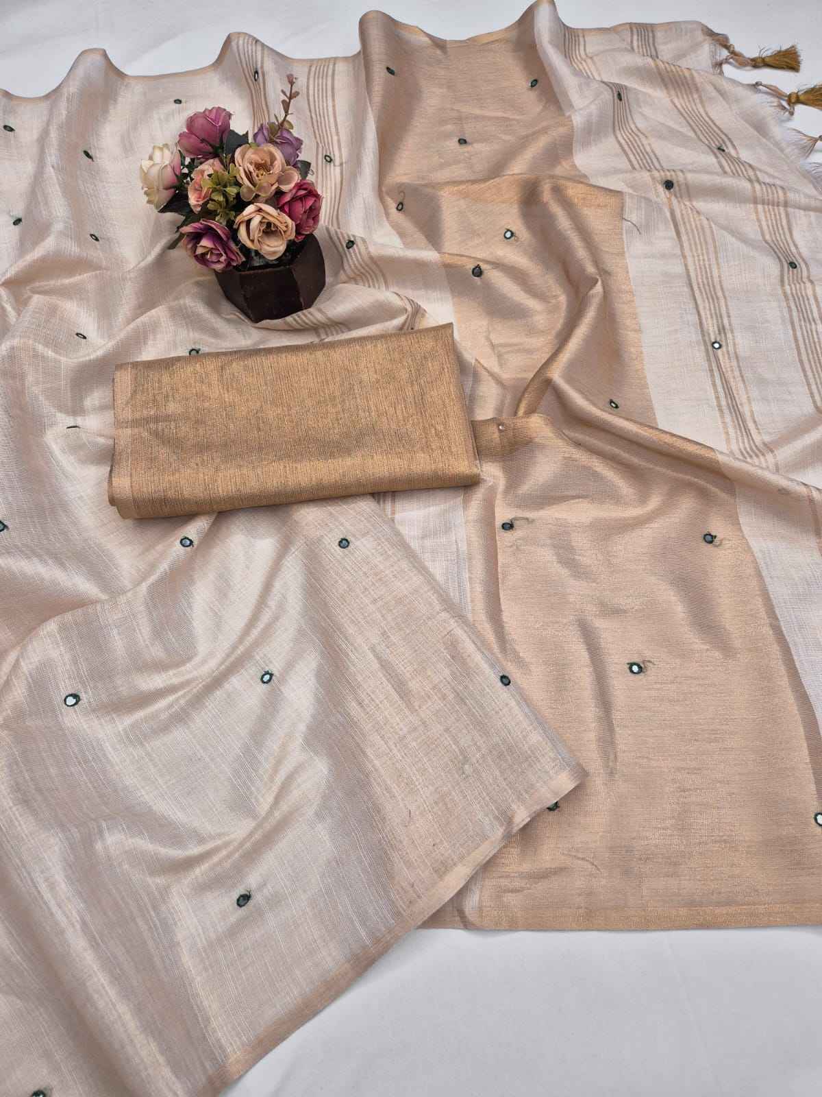 PURE SOFT MYSORE LINEN MIRROR WORK SAREE 