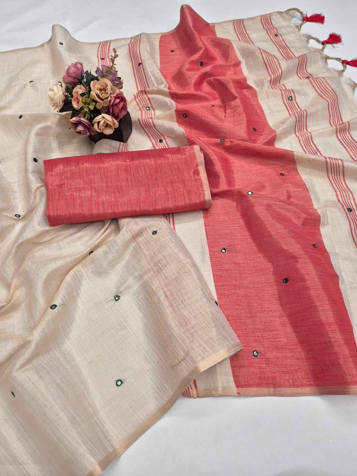 PURE SOFT MYSORE LINEN MIRROR WORK SAREE 