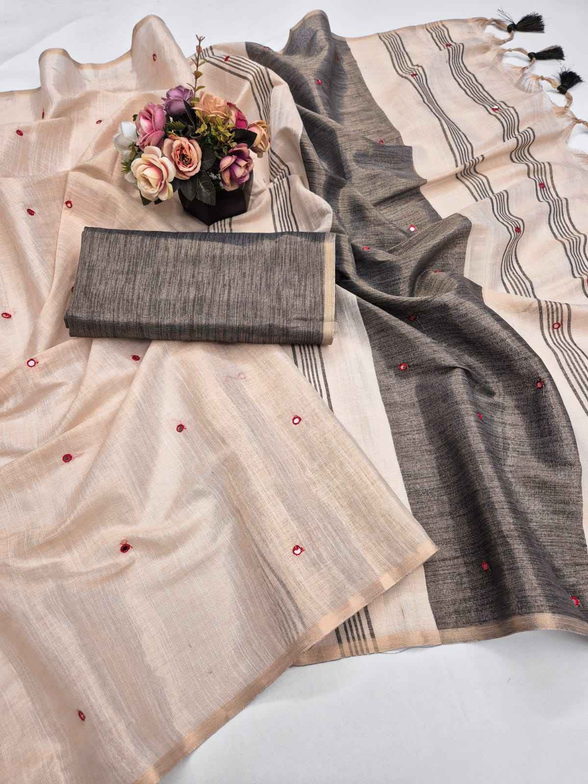 PURE SOFT MYSORE LINEN MIRROR WORK SAREE 
