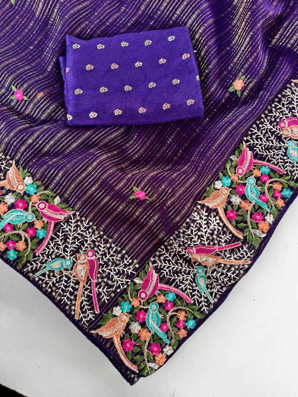 PURE STRIPES CHIFFON EMBROIDED BUTTI WORK SAREE 