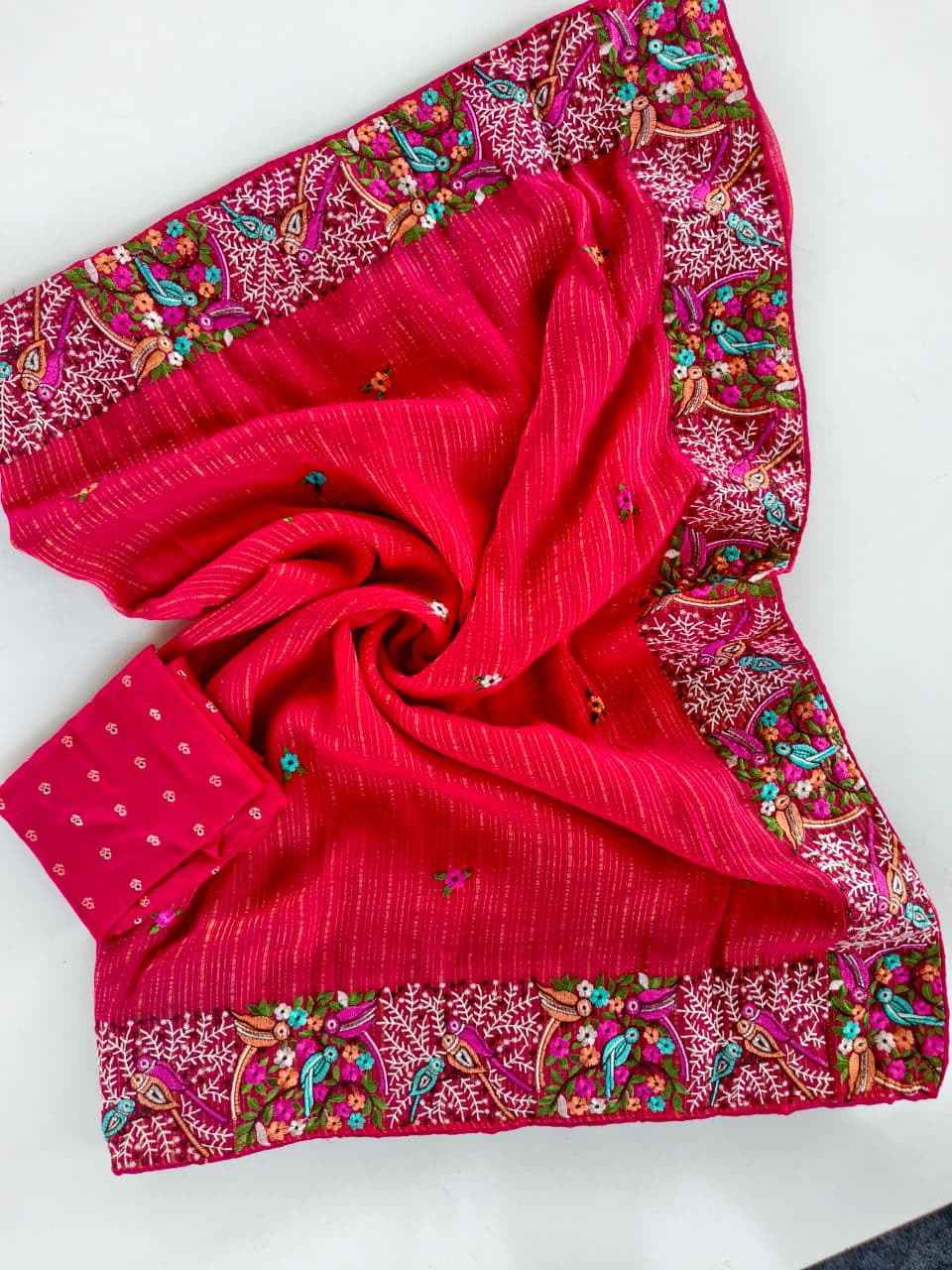PURE STRIPES CHIFFON EMBROIDED BUTTI WORK SAREE 