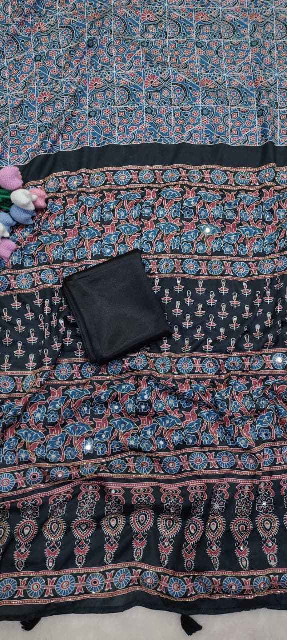 SOFT CHINNON PRINTED KATDANA SEQUENCE REAL MIRROR WORK SAREE 1