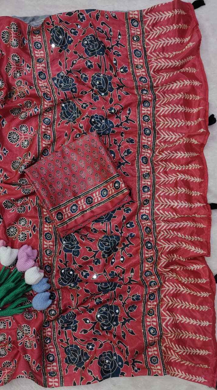 SOFT CHINNON PRINTED KATDANA SEQUENCE REAL MIRROR WORK SAREE
