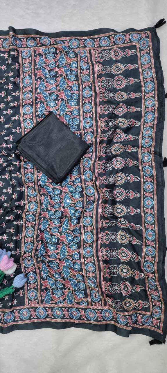 SOFT CHINNON PRINTED KATDANA SEQUENCE REAL MIRROR WORK SAREE 1