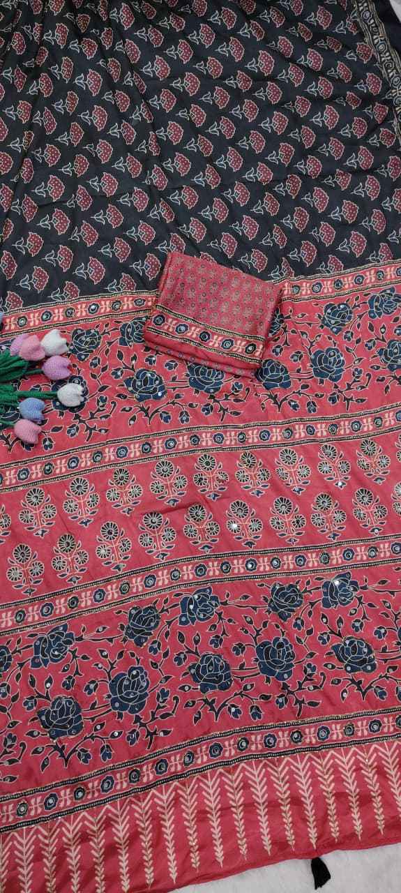 SOFT CHINNON PRINTED KATDANA SEQUENCE REAL MIRROR WORK SAREE
