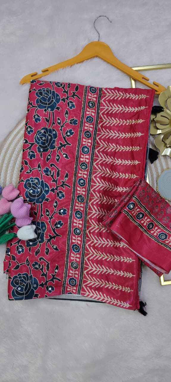 SOFT CHINNON PRINTED KATDANA SEQUENCE REAL MIRROR WORK SAREE
