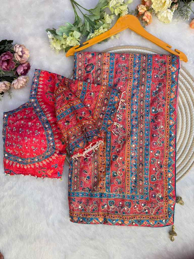SOFT CHINNON SILK GOLD ZARI RIBBON REAL MIRROR WORK SAREE
