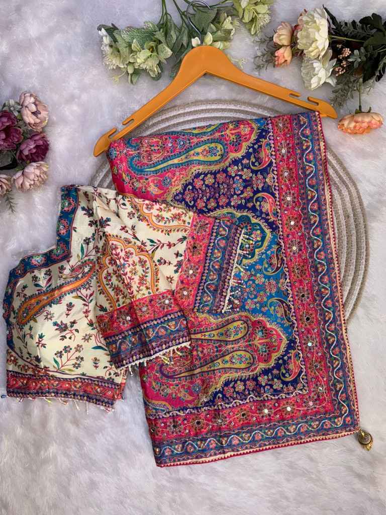 SOFT CHINNON SILK GOLD ZARI RIBBON REAL MIRROR WORK SAREE