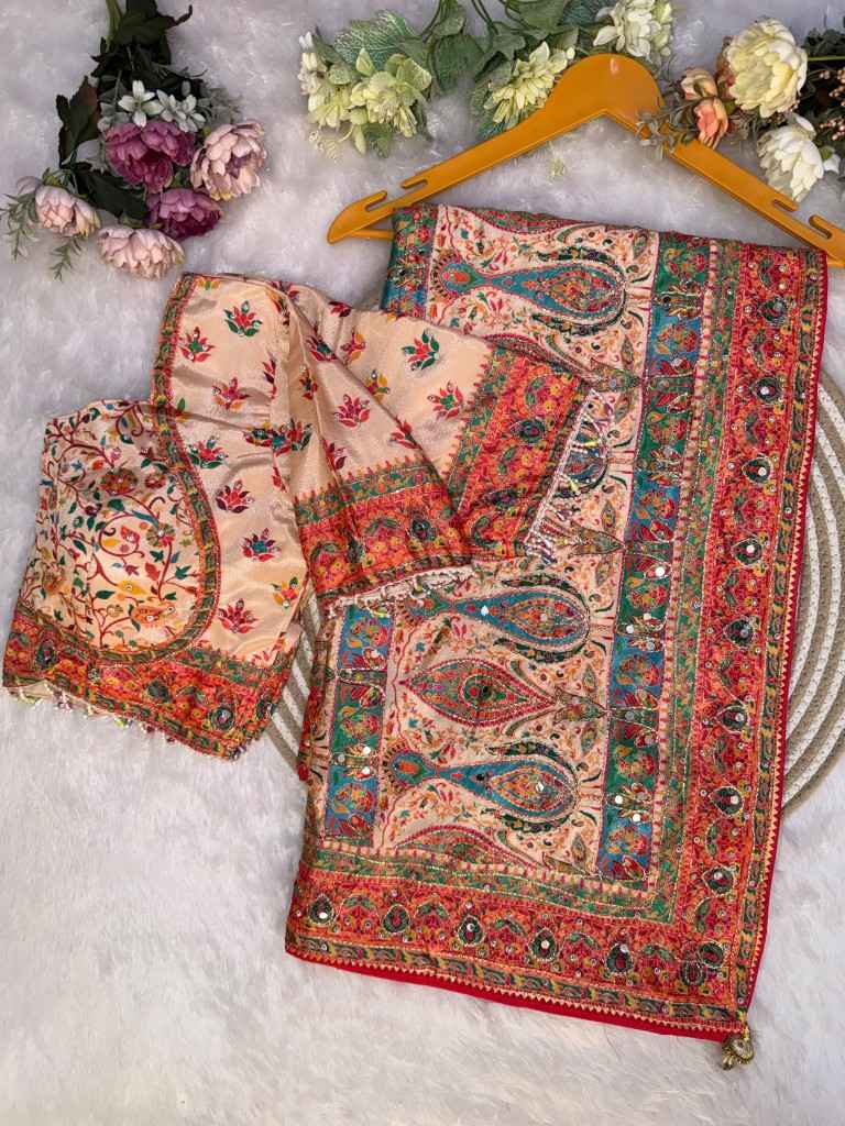 SOFT CHINNON SILK GOLD ZARI RIBBON REAL MIRROR WORK SAREE