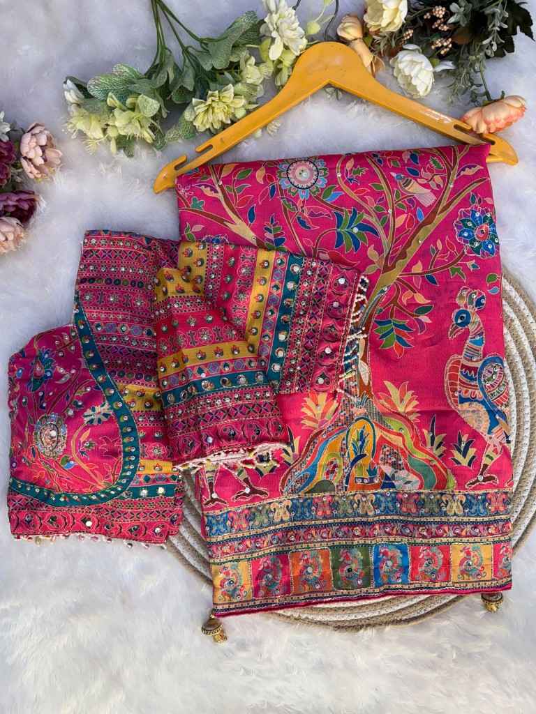 SOFT CHINNON SILK GOLD ZARI RIBBON REAL MIRROR WORK SAREE