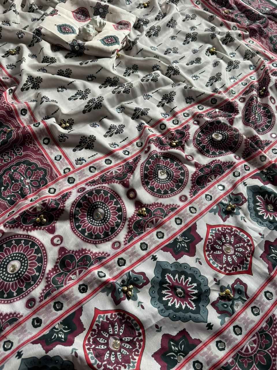 SOFT CREAP AJARAKH PRINT WITH REAL MIRROR & GHUNGHAROO WORK SAREE