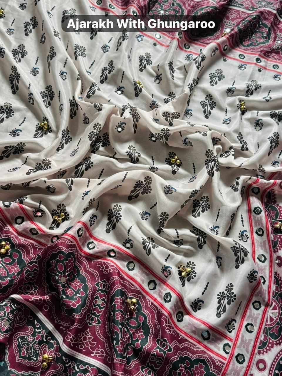 SOFT CREAP AJARAKH PRINT WITH REAL MIRROR & GHUNGHAROO WORK SAREE
