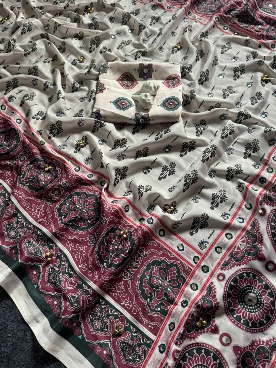 SOFT CREAP AJARAKH PRINT WITH REAL MIRROR & GHUNGHAROO WORK SAREE