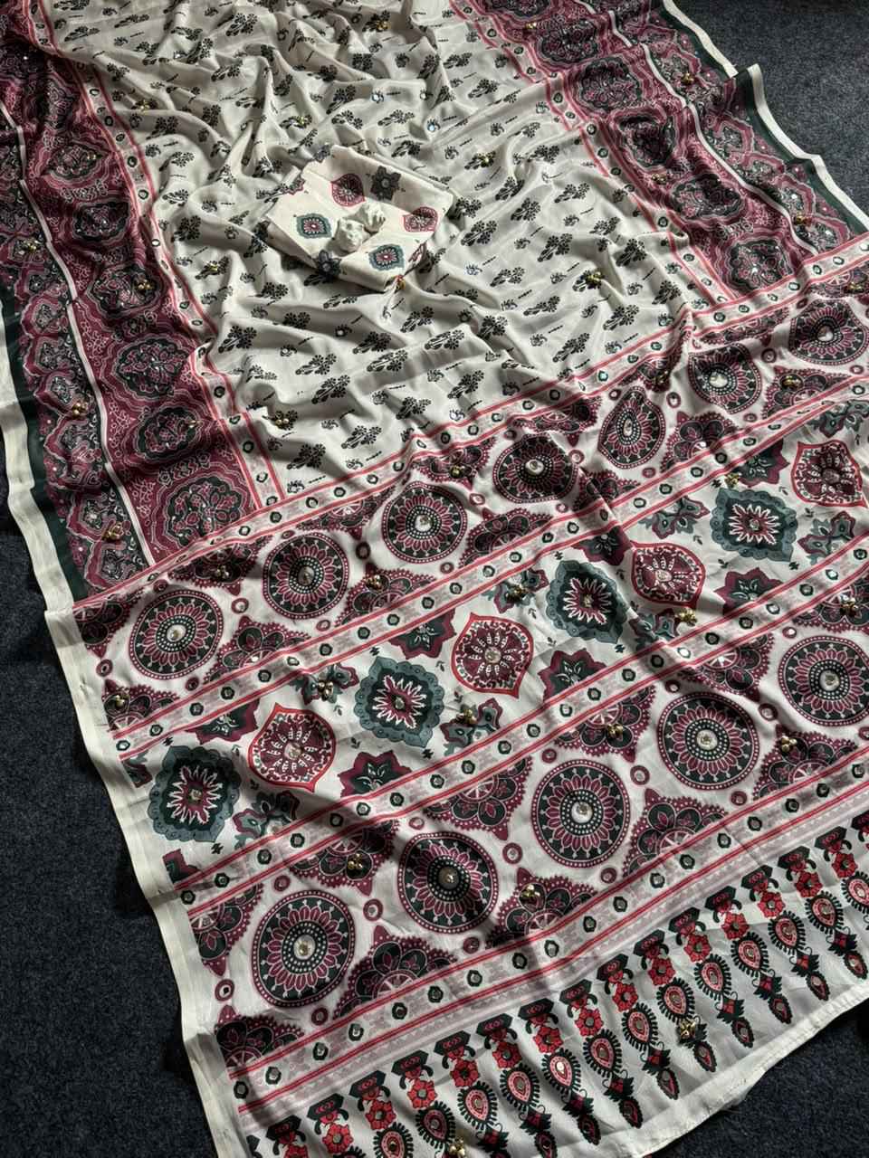 SOFT CREAP AJARAKH PRINT WITH REAL MIRROR & GHUNGHAROO WORK SAREE