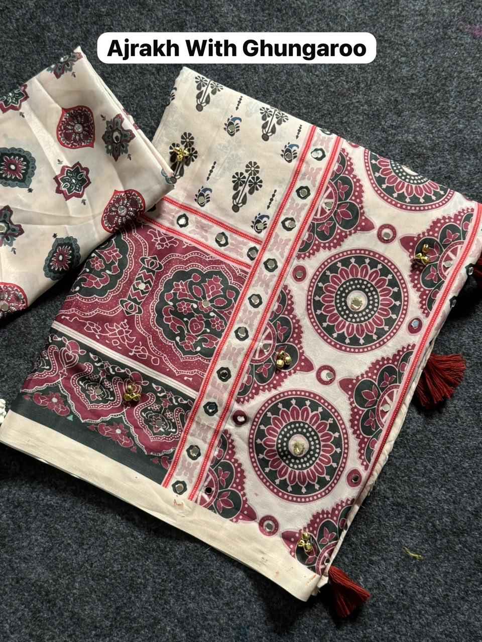 SOFT CREAP AJARAKH PRINT WITH REAL MIRROR & GHUNGHAROO WORK SAREE