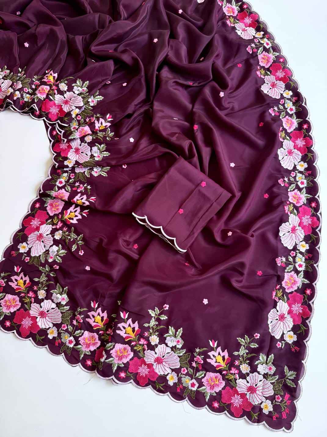 SOFT H.O SATIN SILK FLORAL THREAD EMBROIDERY WORK SAREE