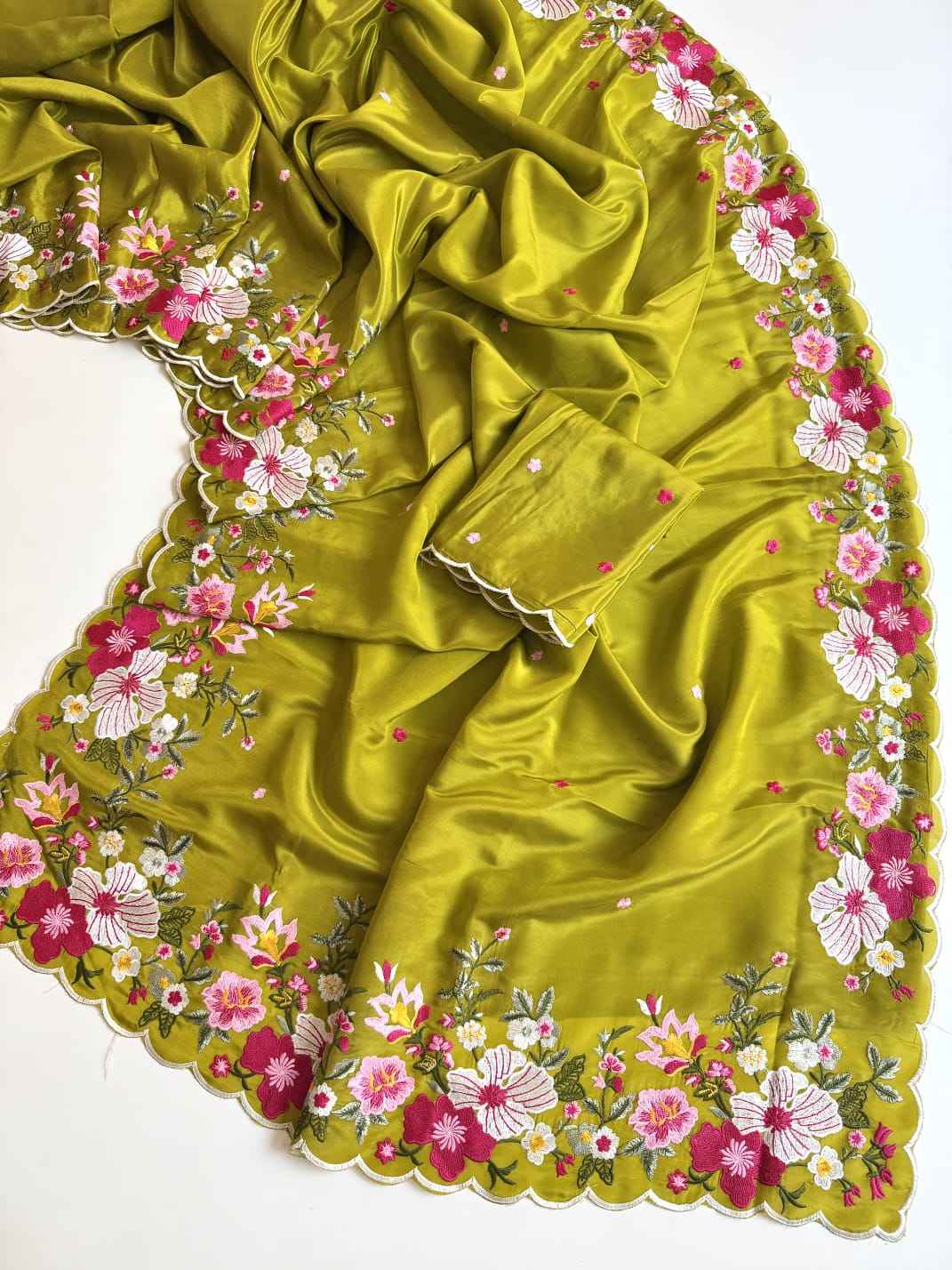 SOFT H.O SATIN SILK FLORAL THREAD EMBROIDERY WORK SAREE