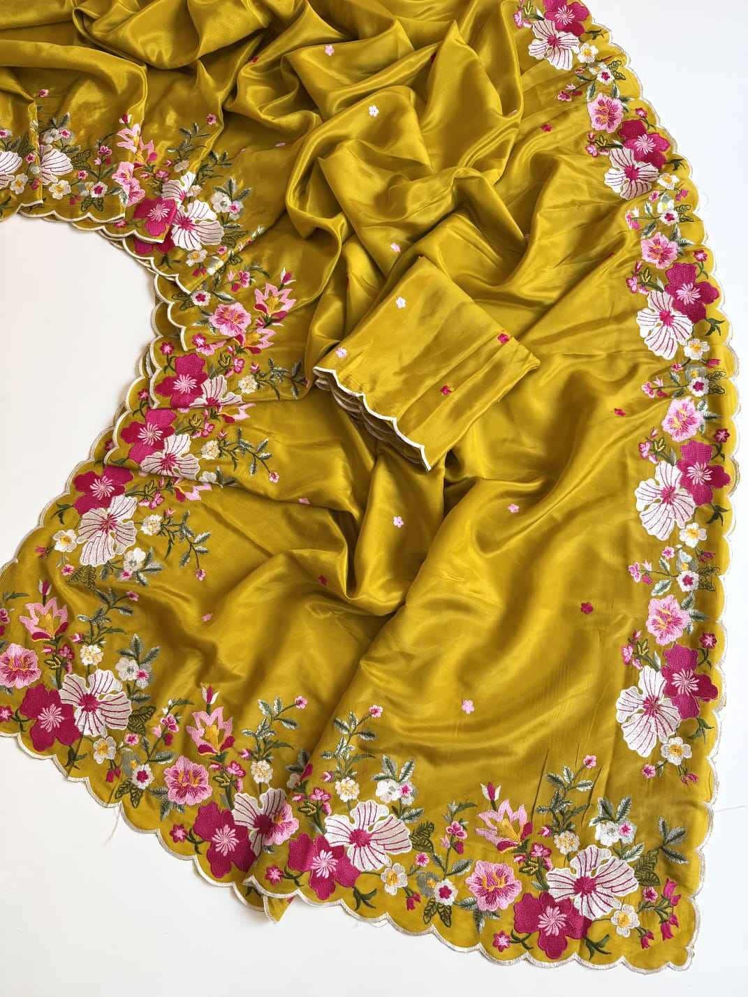 SOFT H.O SATIN SILK FLORAL THREAD EMBROIDERY WORK SAREE