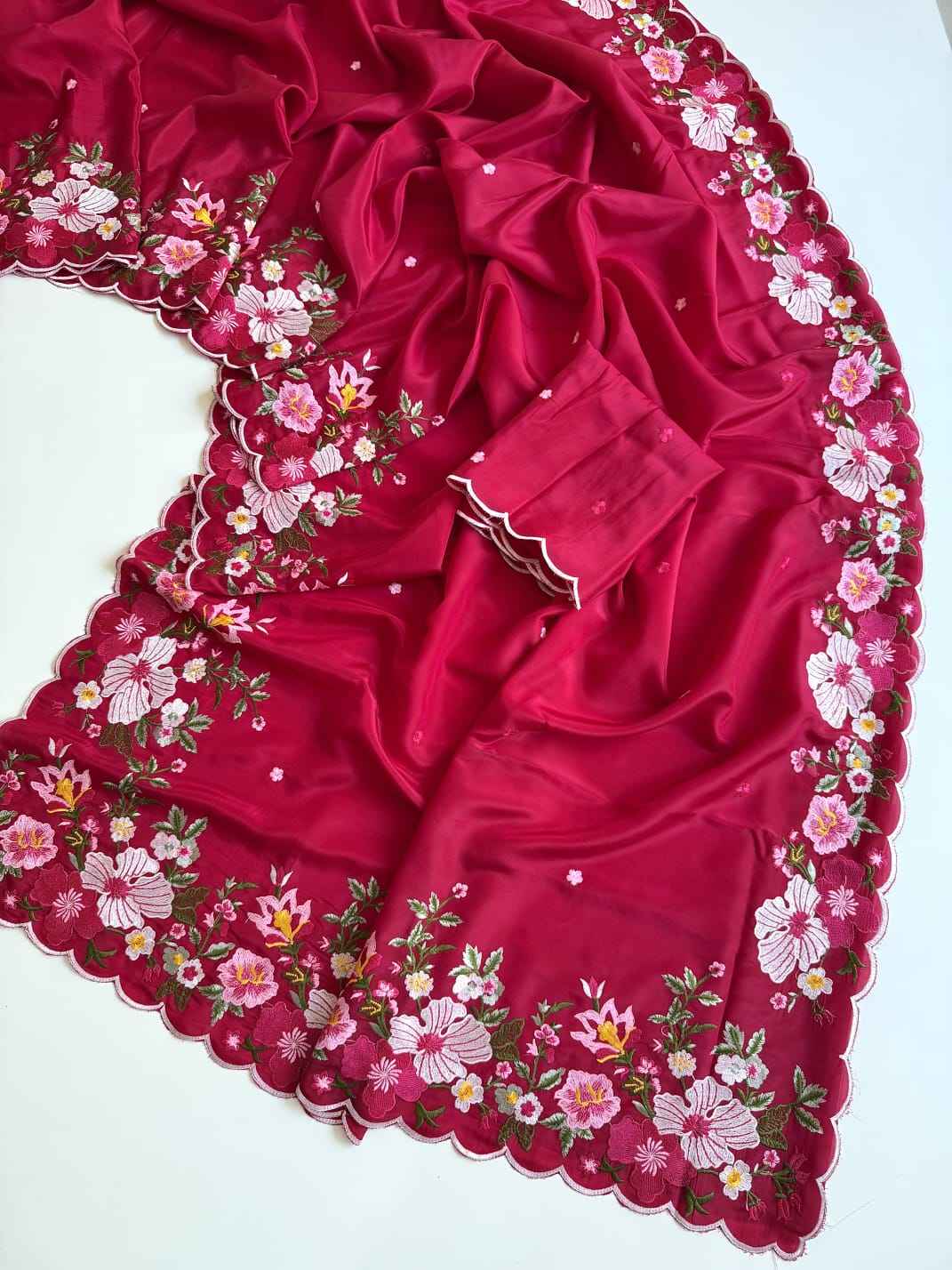 SOFT H.O SATIN SILK FLORAL THREAD EMBROIDERY WORK SAREE