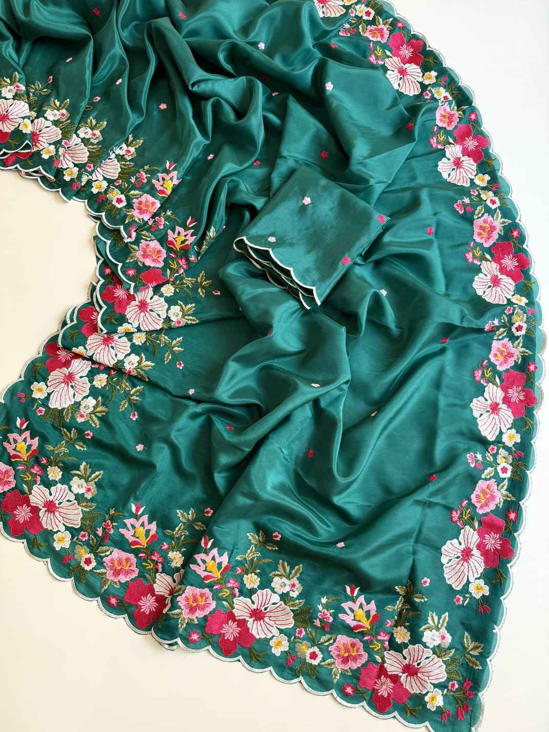 SOFT H.O SATIN SILK FLORAL THREAD EMBROIDERY WORK SAREE