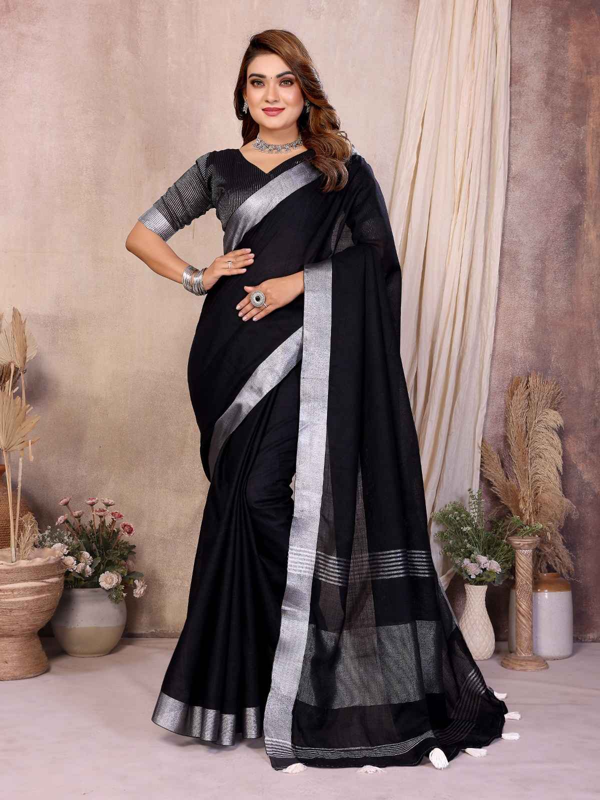 SOFT LINEN COTTON JARI BORDER SAREE 