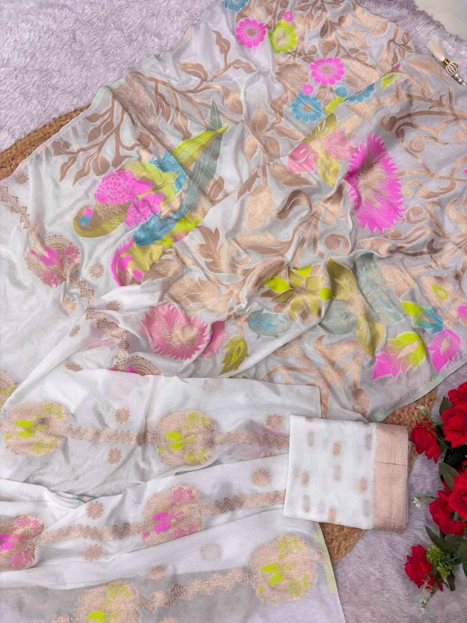 SOFT PURE KHADI CREPE SILK MEENAKRI ZARI WEAVING SAREE 