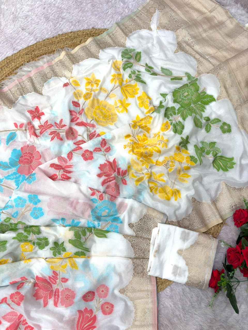 SOFT PURE KHADI CREPE SILK MEENAKRI ZARI WEAVING SAREE 