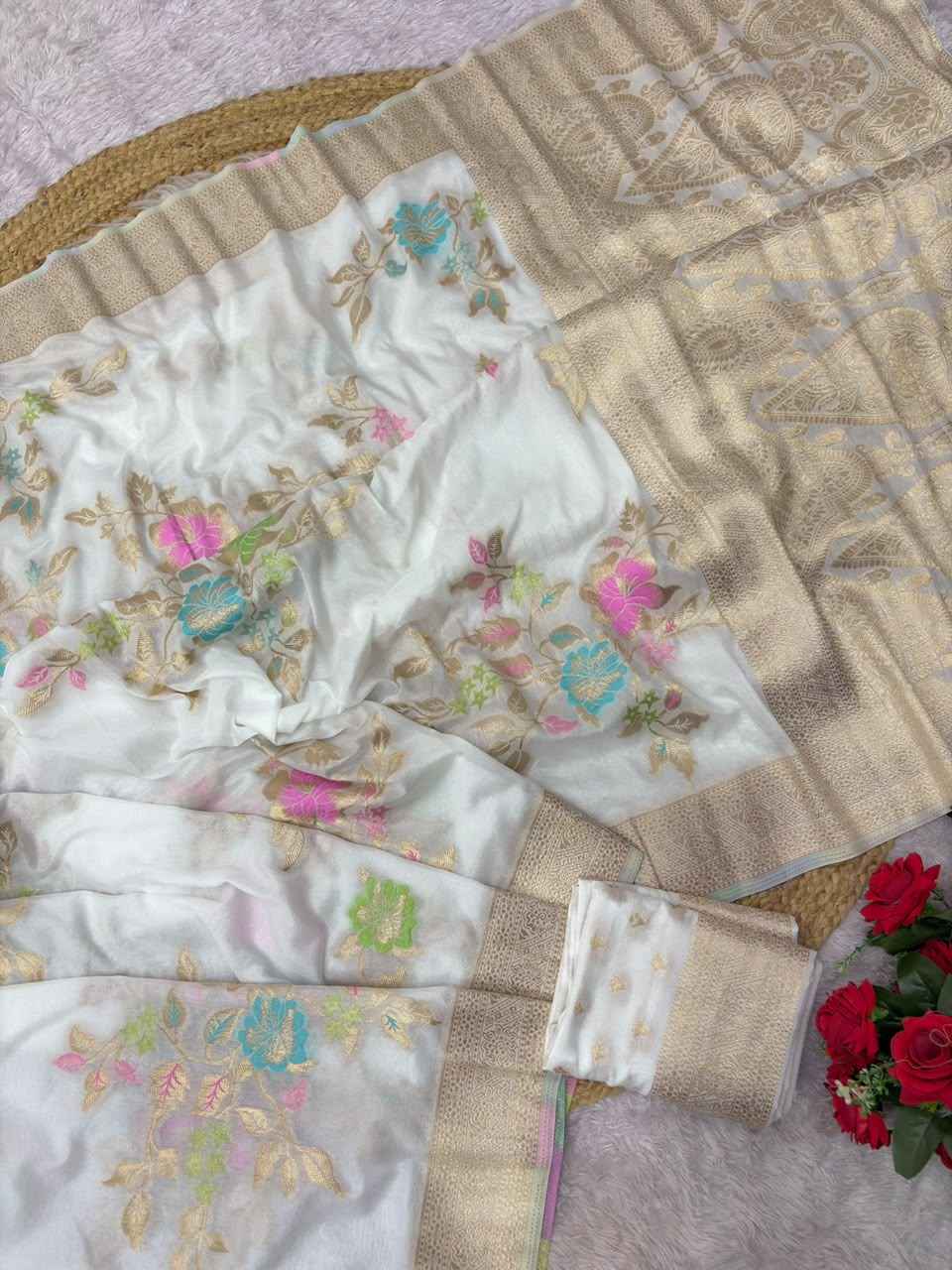 SOFT PURE KHADI CREPE SILK MEENAKRI ZARI WEAVING SAREE 