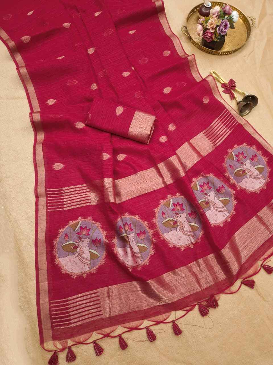 SOFT PURE LINEN SILK PICHWAI ZARI WEAVING SAREE 