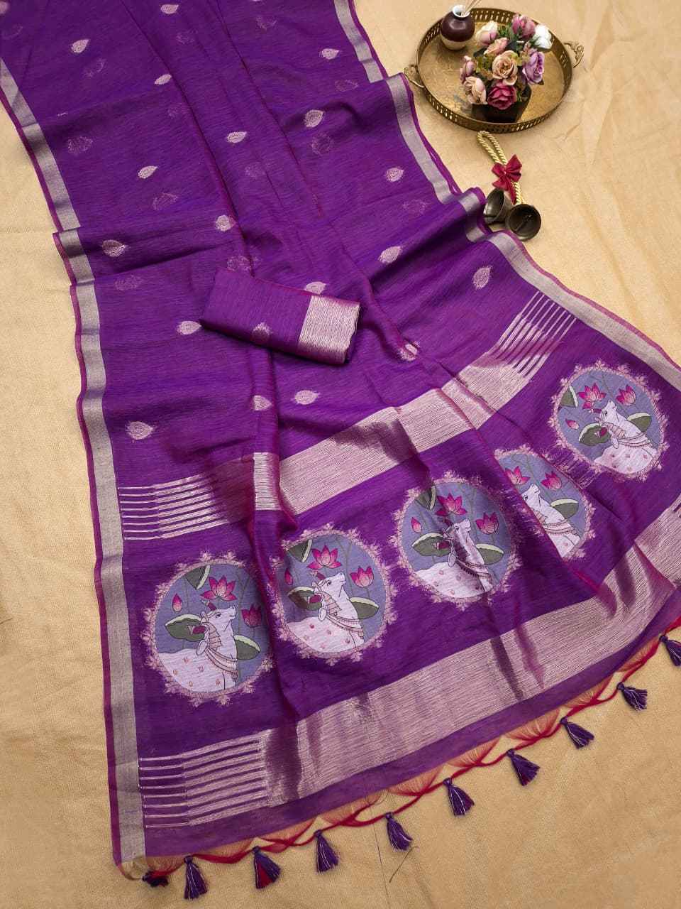 SOFT PURE LINEN SILK PICHWAI ZARI WEAVING SAREE 