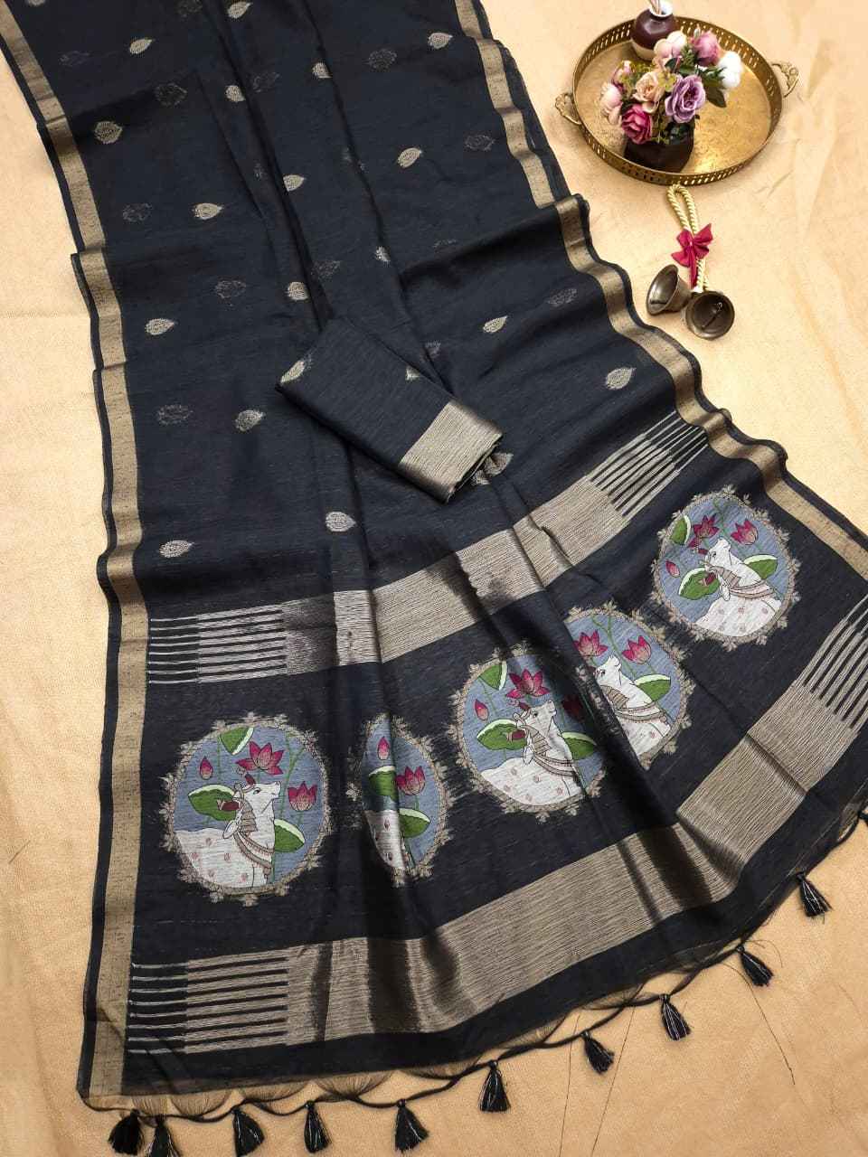 SOFT PURE LINEN SILK PICHWAI ZARI WEAVING SAREE 