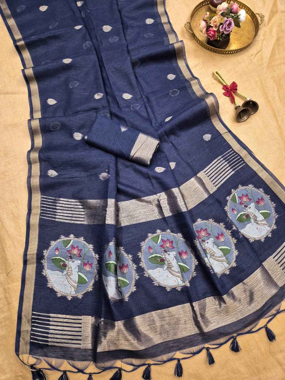 SOFT PURE LINEN SILK PICHWAI ZARI WEAVING SAREE 