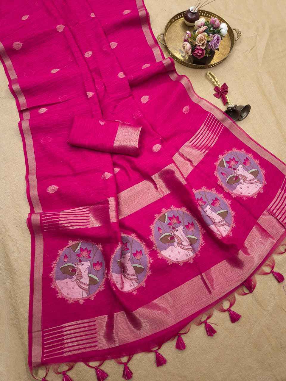 SOFT PURE LINEN SILK PICHWAI ZARI WEAVING SAREE 