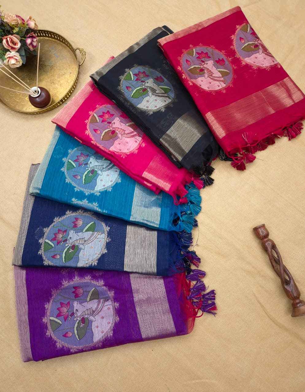 SOFT PURE LINEN SILK PICHWAI ZARI WEAVING SAREE 