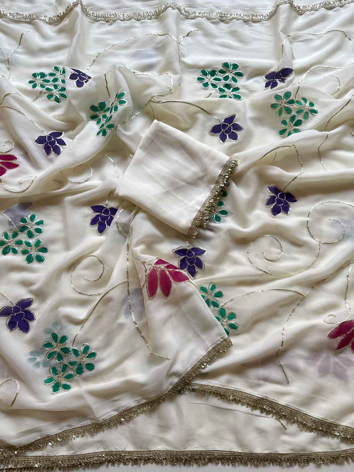 SOFT STAR GEORGETTE GOTA WORK HANDPRINT SAREE 