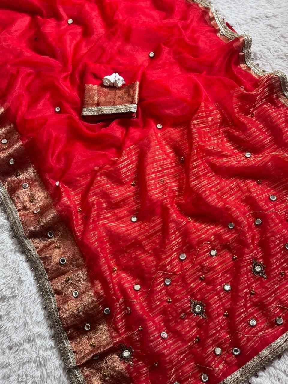 SOFT TISSU SILK REAL GHUNGROO WITH MIRROR HANDWORK SAREE 