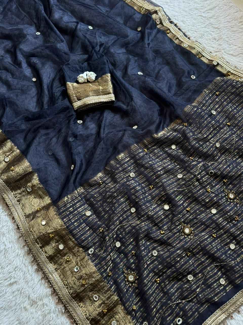 SOFT TISSU SILK REAL GHUNGROO WITH MIRROR HANDWORK SAREE 