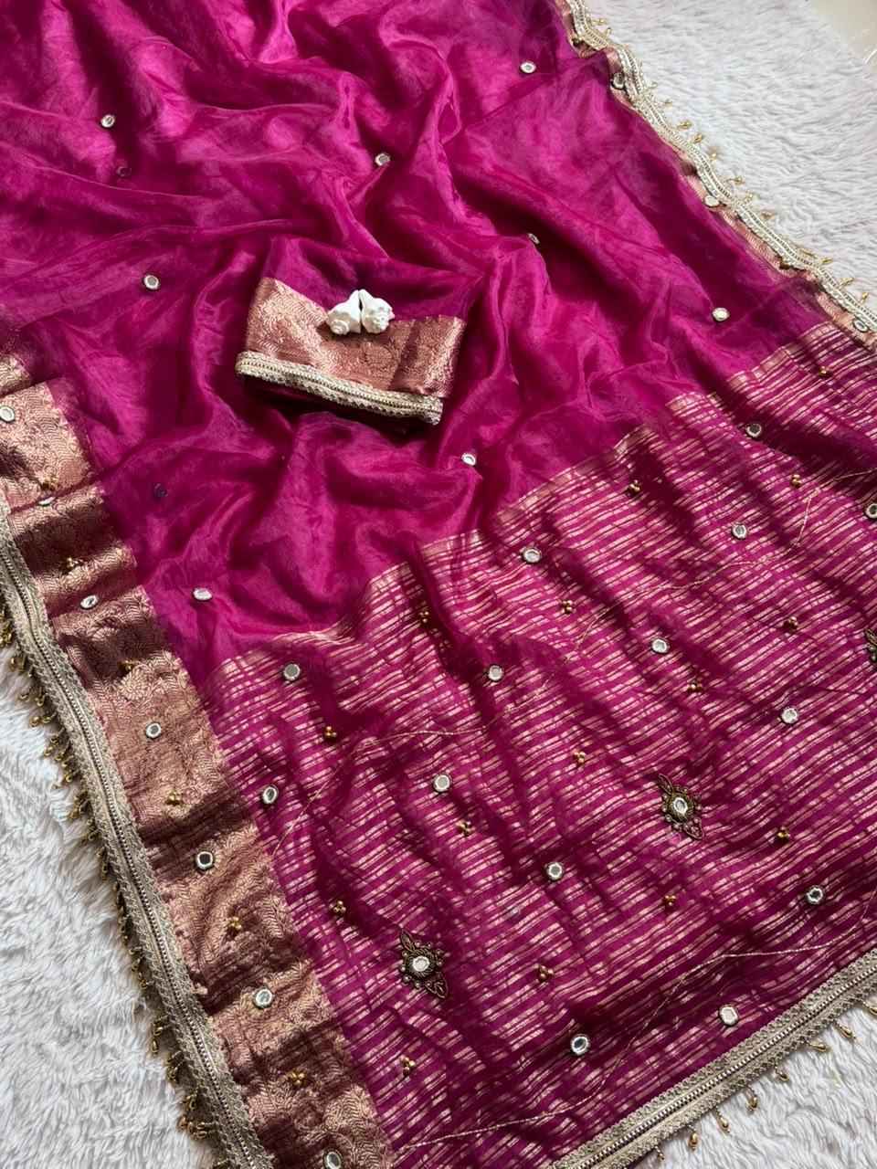 SOFT TISSU SILK REAL GHUNGROO WITH MIRROR HANDWORK SAREE 