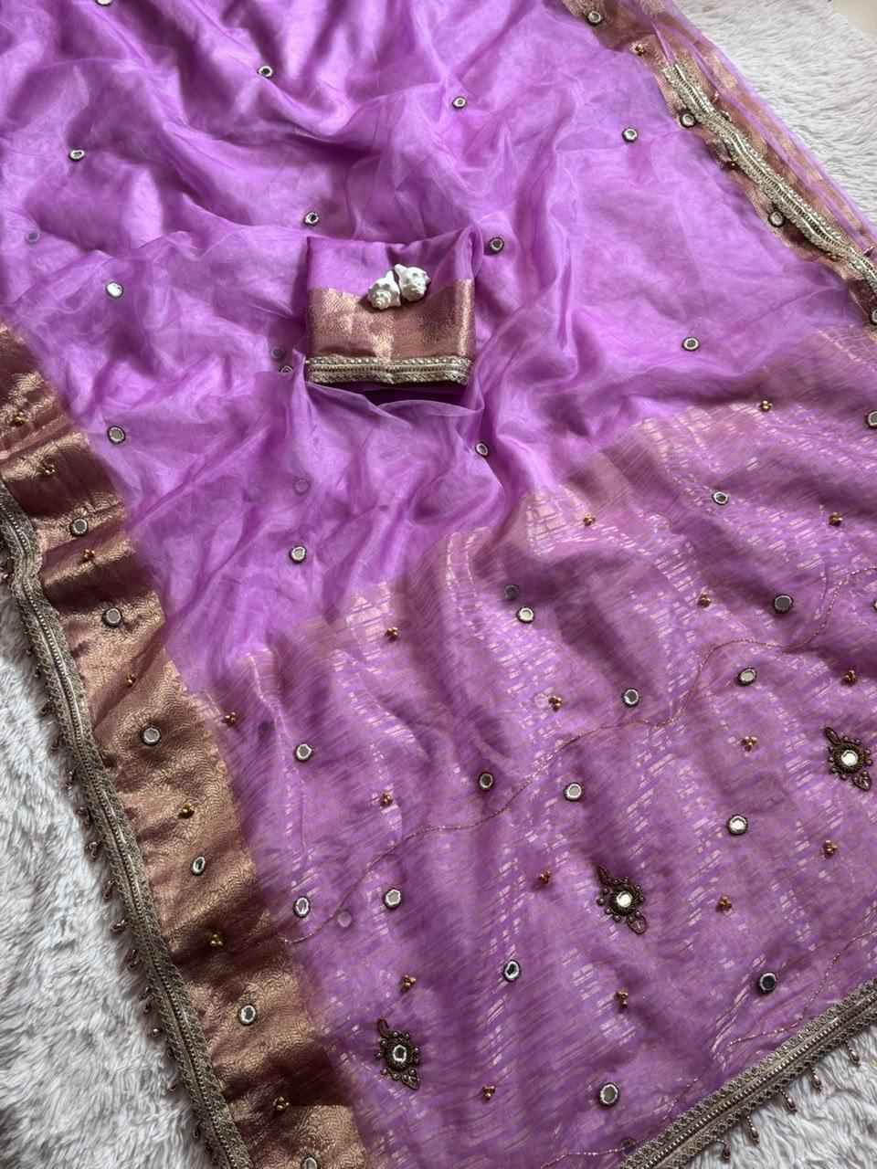 SOFT TISSU SILK REAL GHUNGROO WITH MIRROR HANDWORK SAREE 