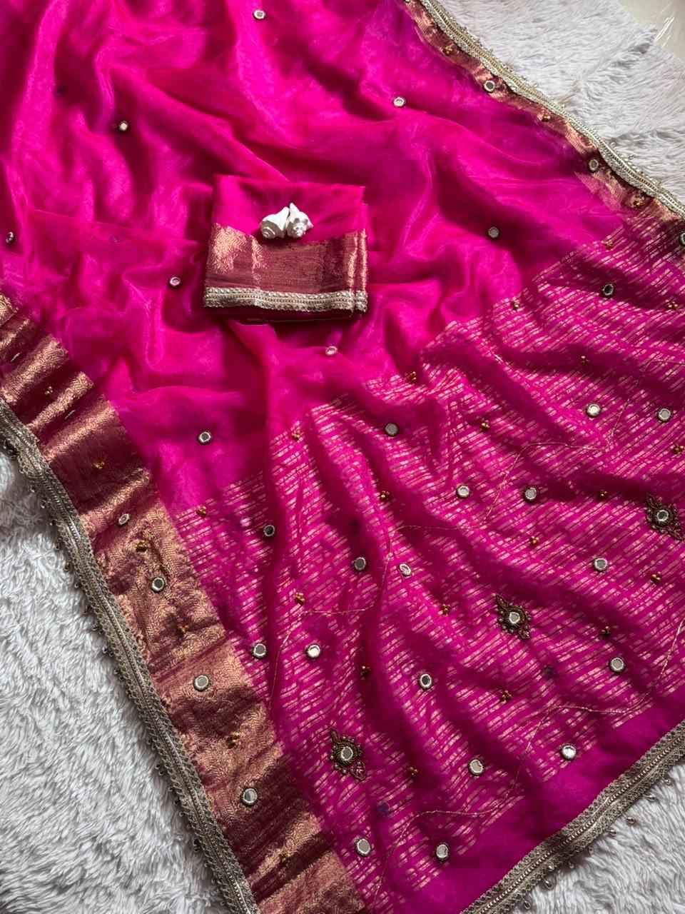 SOFT TISSU SILK REAL GHUNGROO WITH MIRROR HANDWORK SAREE 
