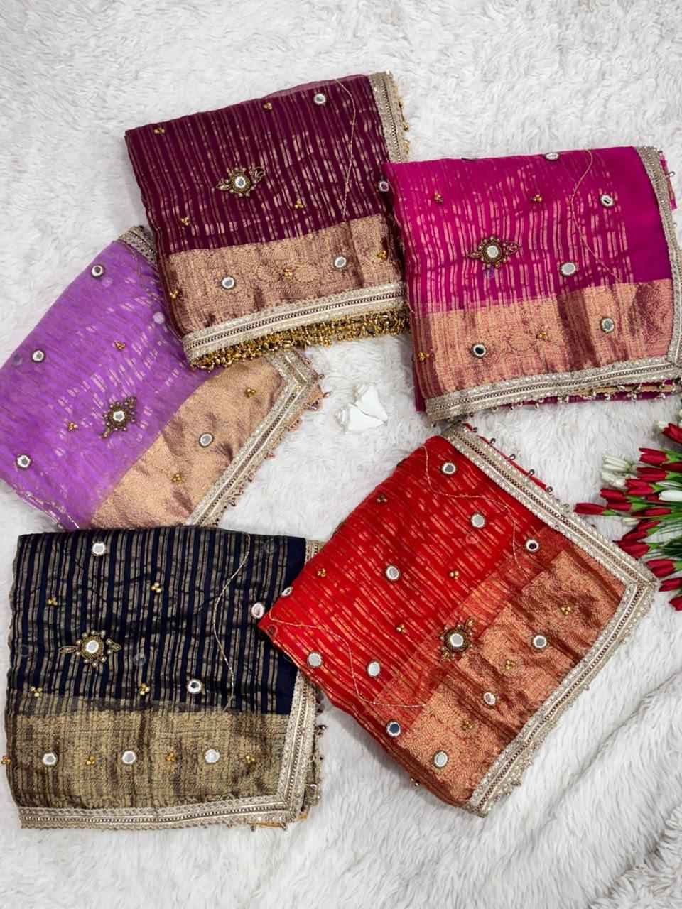 SOFT TISSU SILK REAL GHUNGROO WITH MIRROR HANDWORK SAREE 