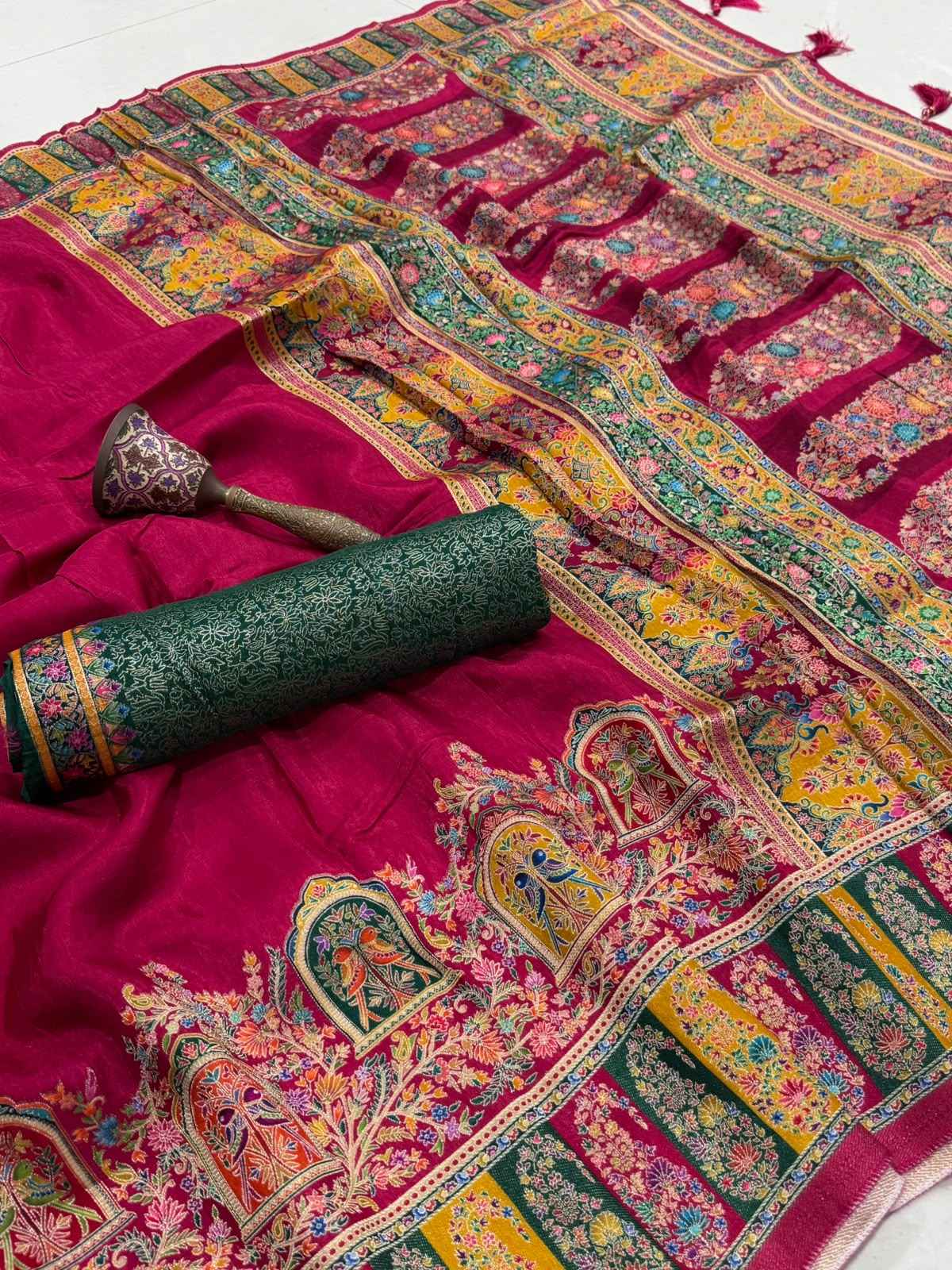 SOFT VISCOS GAJJI SILK POSITION PASHMINA ZARI WEAVING SAREE 
