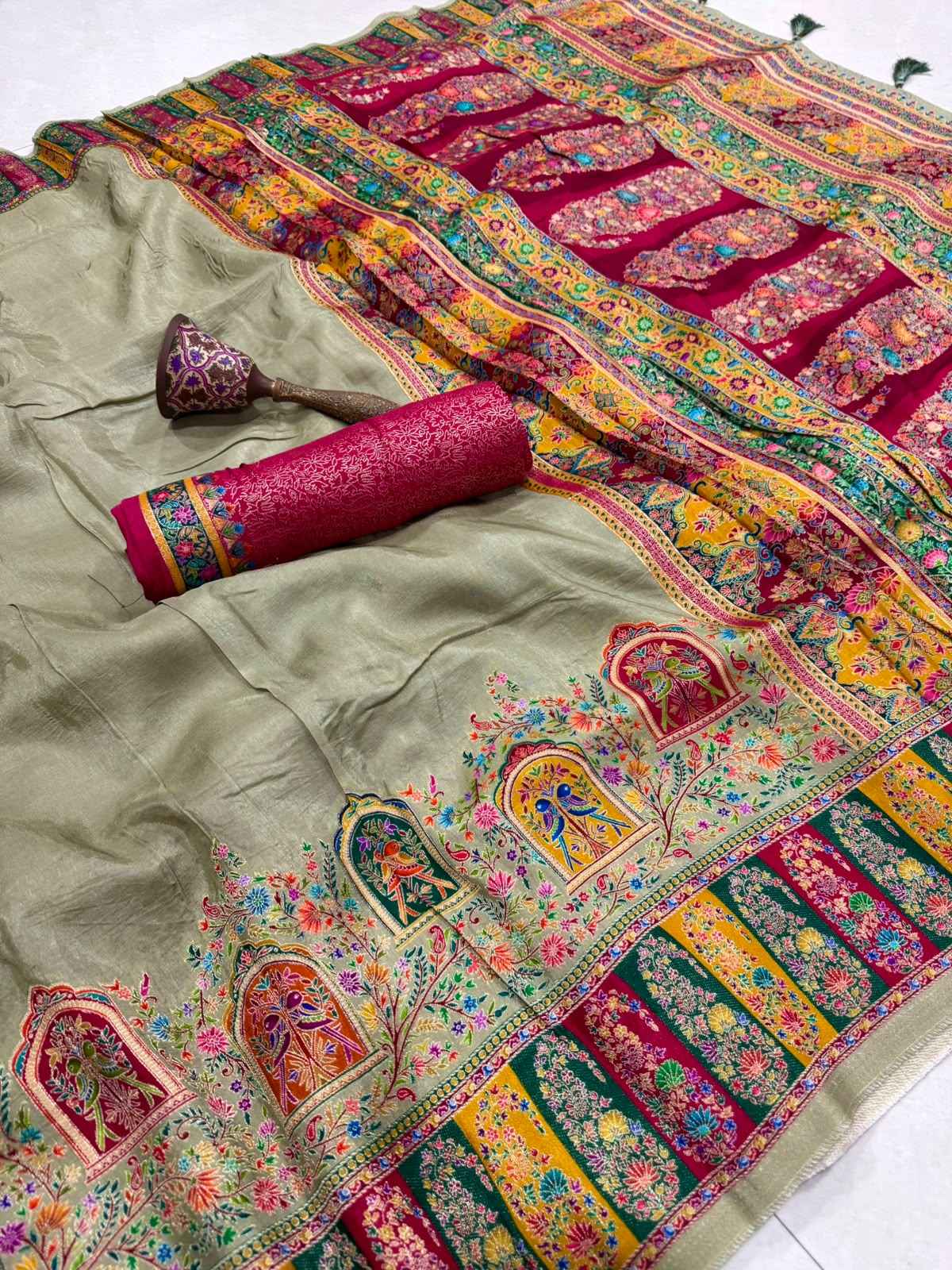 SOFT VISCOS GAJJI SILK POSITION PASHMINA ZARI WEAVING SAREE 